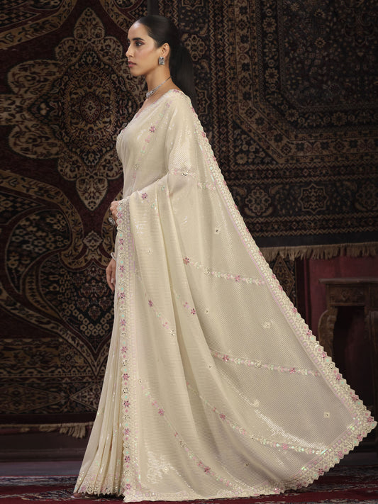 Off White Georgette Designer Saree