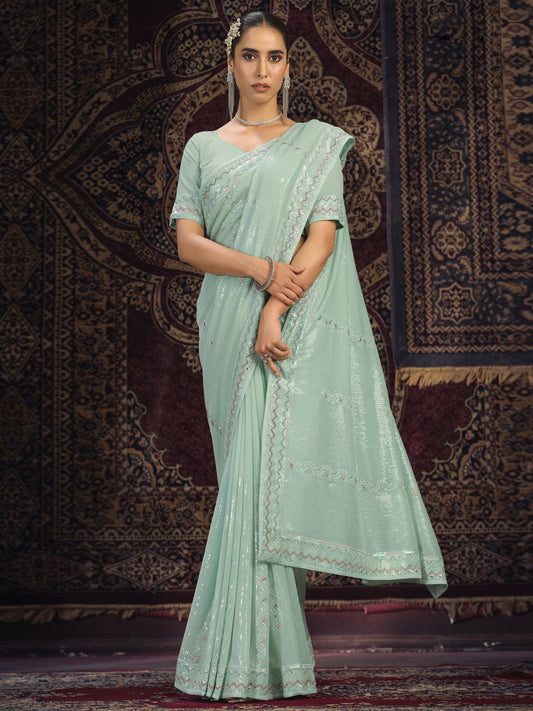 Firozi Georgette Designer Saree