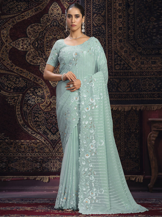 Firozi Georgette Designer Saree