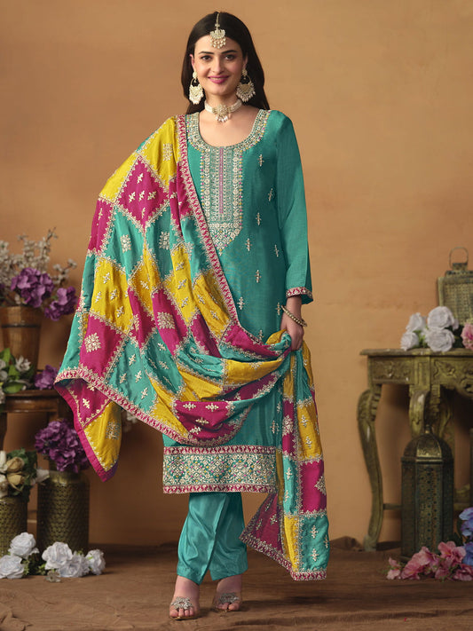 Turquoise Embroidered Partywear Straight-Cut-Suit