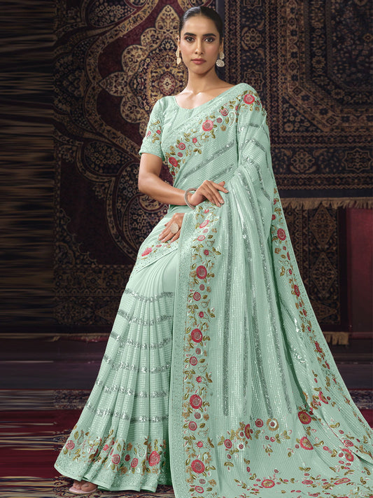 Firozi Georgette Designer Saree