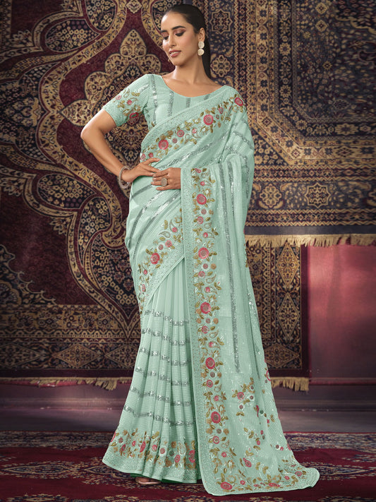 Firozi Georgette Designer Saree