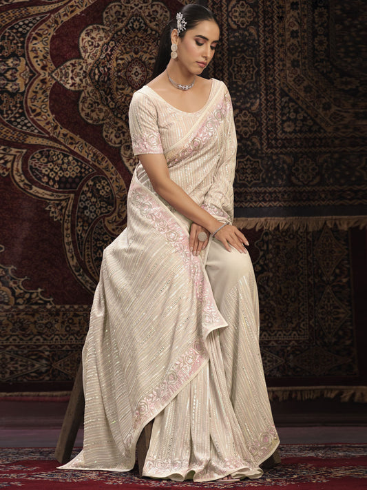 Off White Georgette Designer Saree