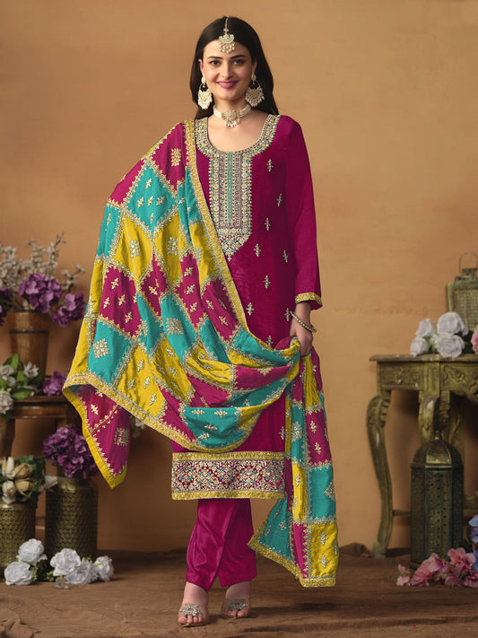 Magenta Embroidered Festive-Wear Straight-Cut-Suit