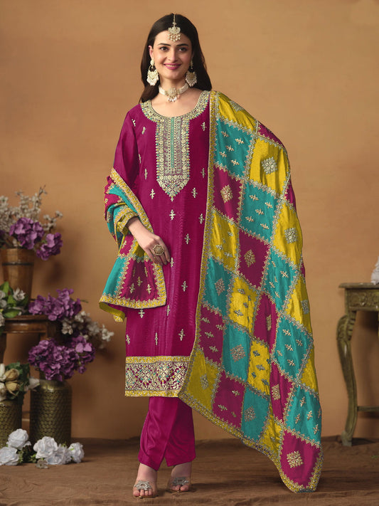 Magenta Embroidered Festive-Wear Straight-Cut-Suit