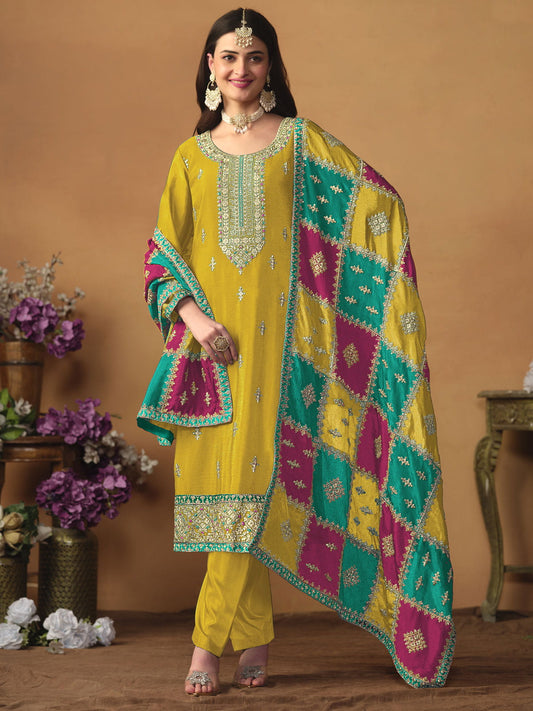 Yellow Embroidered Partywear Straight-Cut-Suit