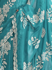 Blue And White Ethnic Motifs Embroidered Organza Saree