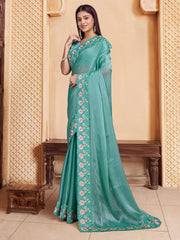 Green And ,Multicolour Ethnic motif Embroidered Sequinned Saree With Blouse Piece