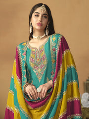 Chinnon Silk Turquoise Salwar Suit with Multicolor Dupatta