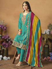 Chinnon Silk Turquoise Salwar Suit with Multicolor Dupatta