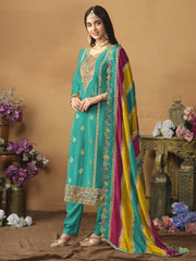 Chinnon Silk Turquoise Salwar Suit with Multicolor Dupatta