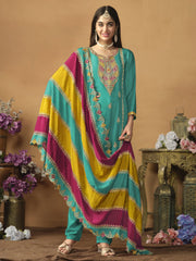 Chinnon Silk Turquoise Salwar Suit with Multicolor Dupatta