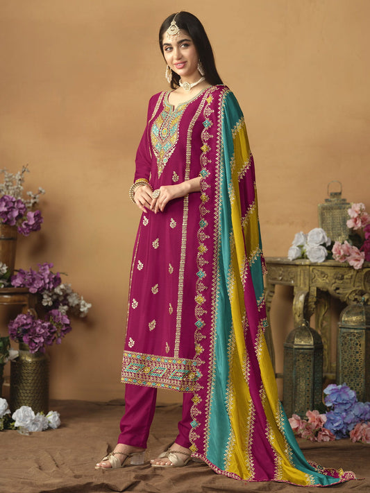 Chinnon Silk Pink Salwar Suit with Multicolor Dupatta