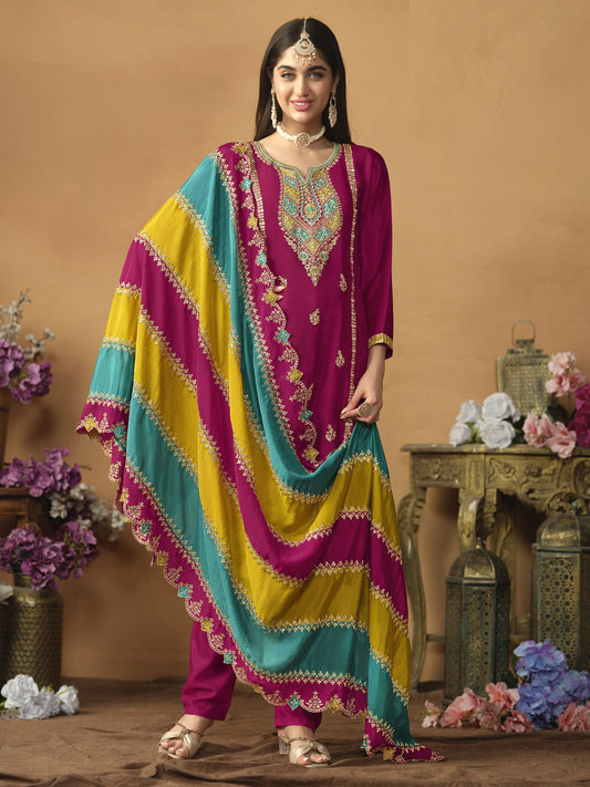 Chinnon Silk Pink Salwar Suit with Multicolor Dupatta