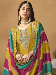 Chinnon Silk Yellow Salwar Suit with Multicolor Dupatta