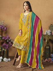 Chinnon Silk Yellow Salwar Suit with Multicolor Dupatta