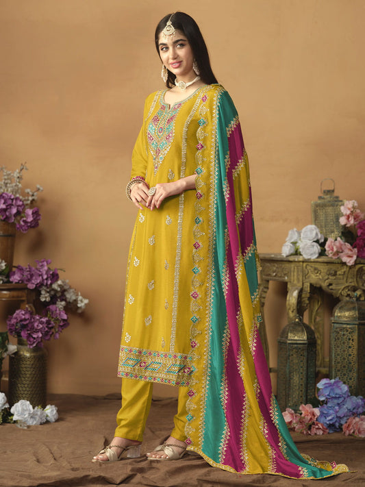 Chinnon Silk Yellow Salwar Suit with Multicolor Dupatta