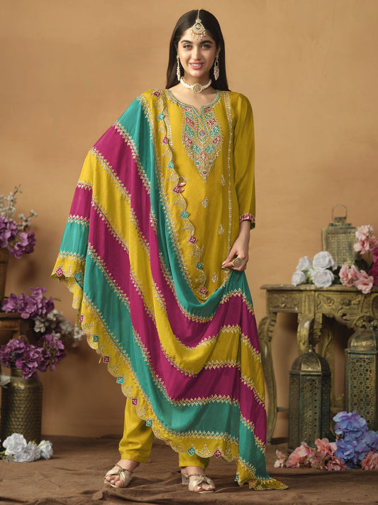 Chinnon Silk Yellow Salwar Suit with Multicolor Dupatta