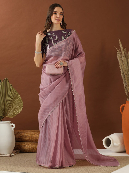 Pink And Lavender Floral Printed Zari Organza Saree