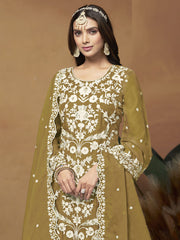 Mustard Organza Embroidered Designer Salwar Suit