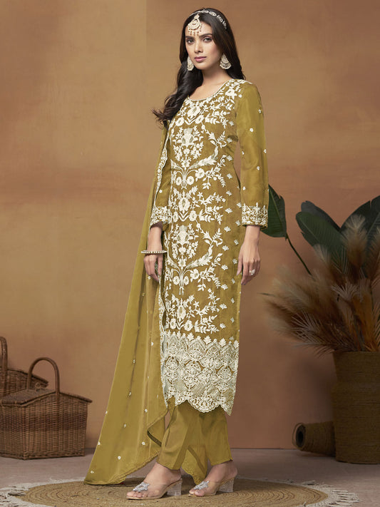 Mustard Organza Embroidered Designer Salwar Suit