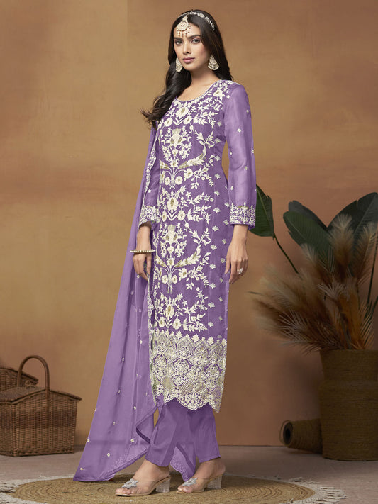 Purple Organza Embroidered Designer Salwar Suit