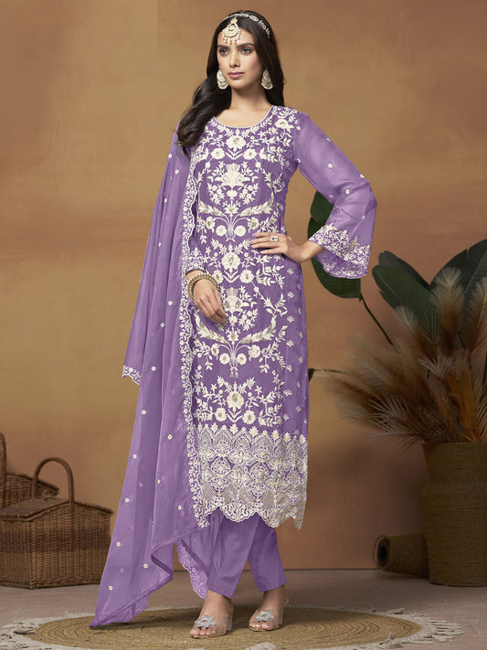 Purple Organza Embroidered Designer Salwar Suit