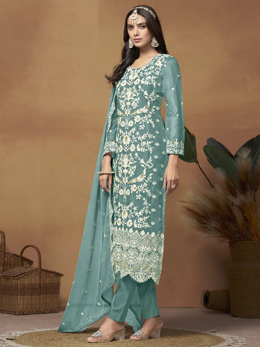 Sea Green Organza Embroidered Designer Salwar Suit