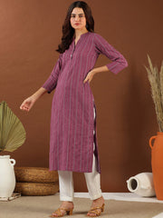 Pink Ethnic Woven Design Mandarin Collar Cotton A-Line Kurta