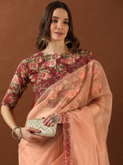 Peach Embroidered Organza Saree