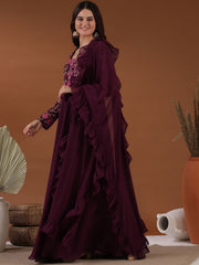 Women Burgundy Ethnic Motifs Embroidered Flared Sleeves Thread Work Georgette Anarkali Kurta