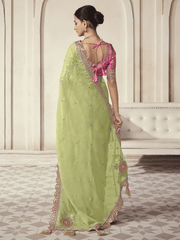 Lime Green Organza Embroidered With Pink Blouse