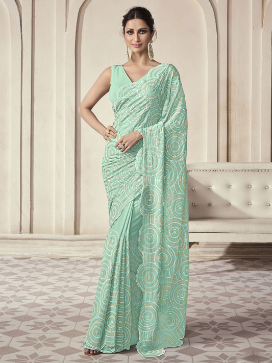 Aqua Blue Georgette Sequined And Embroidered Saree