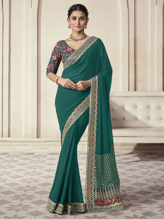 Green Color Organza Embroidered Designer Saree