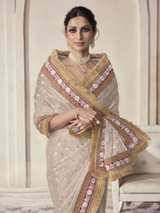 Beige Color Organza Embroidered Classic Saree