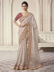 Beige Color Organza Embroidered Classic Saree