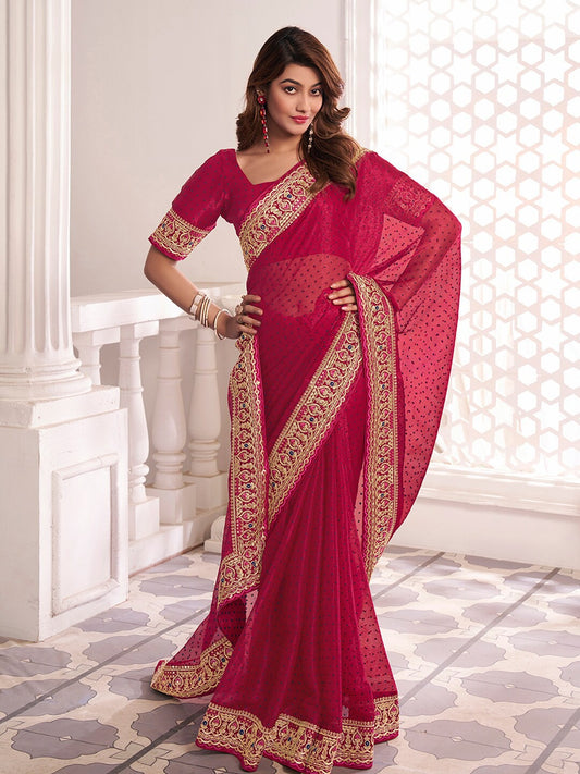 Magenta And Gold-Toned Polka Dots Embroidered Sequinned Saree