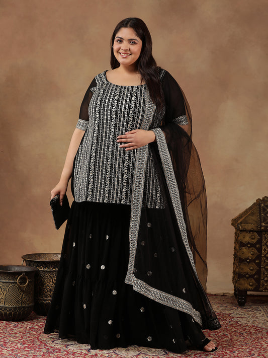 Plus Size Floral Embroidered Thread Work Straight Kurta With Sharara & Dupatta