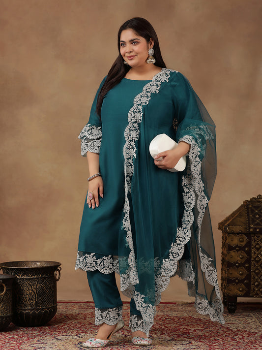 Plus Size Embroidered Thread Work Straight Kurta With Trousers & Dupatta