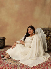 Plus Size Embroidered Empire Thread Work Kurta With Trousers & Dupatta