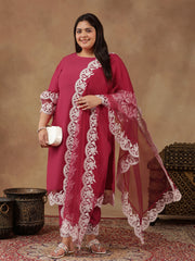 Plus Size Embroidered Thread Work Straight Kurta With Trousers & Dupatta