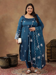 Floral Embroidered Regular Gotta Patti Straight Kurta With Trousers & Dupatta