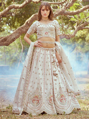 Cream Gold crushed Tissue Fabric Moti, Zari work Semi-Stitched Lehenga choli & Dupatta