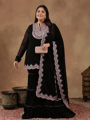 Plus Size Floral Embroidered Thread Work Kurta With Sharara & Dupatta