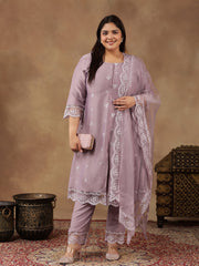 Plus Size Floral Embroidered Thread Work A-Line Kurta With Trousers & Dupatta