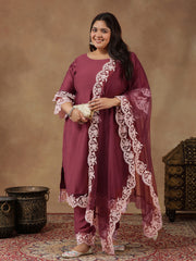 Plus Size Embroidered Thread Work Straight Kurta With Trousers & Dupatta