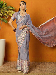 Grey Floral Sequinned Poly Georgette Saree