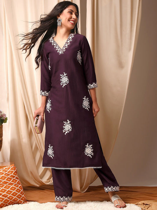 Women Burgundy Floral Embroidered Regular Thread Work Kurta with Palazzos