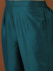 Teal Thread Work Round Neck Flared Sleeves Kurta with Trousers & With Dupatta