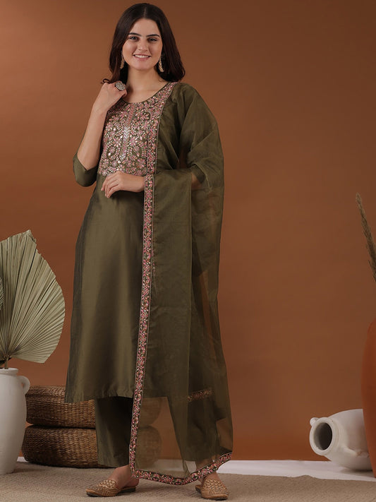 Green Ethnic Motifs Yoke Design Thread Work Pure Silk Straight Kurta Trousers & Dupatta